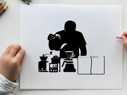 Silhouette of a person preparing coffee with various equipment