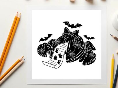 Halloween silhouette of witch hat with bats and scroll