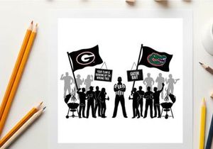 Silhouette of football fans with georgia and florida flags and signs