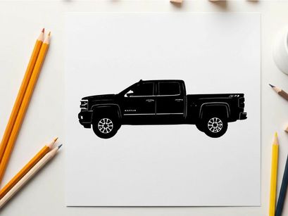 Silhouette of a black pickup truck with a long bed and four doors