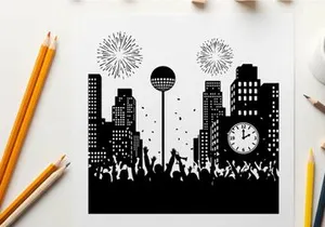 New year's eve celebration silhouette with fireworks and city skyline