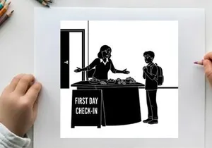 Silhouette of a woman and boy at a first day check in table silhouette