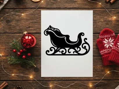 Black silhouette of a decorative Christmas sleigh isolated on a white background