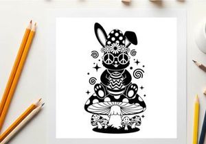 Peaceful silhouette bunny meditates in flower power headband silhouette