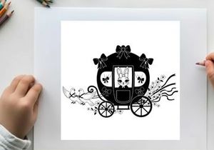 Silhouette of a decorative carriage with floral accents and bows