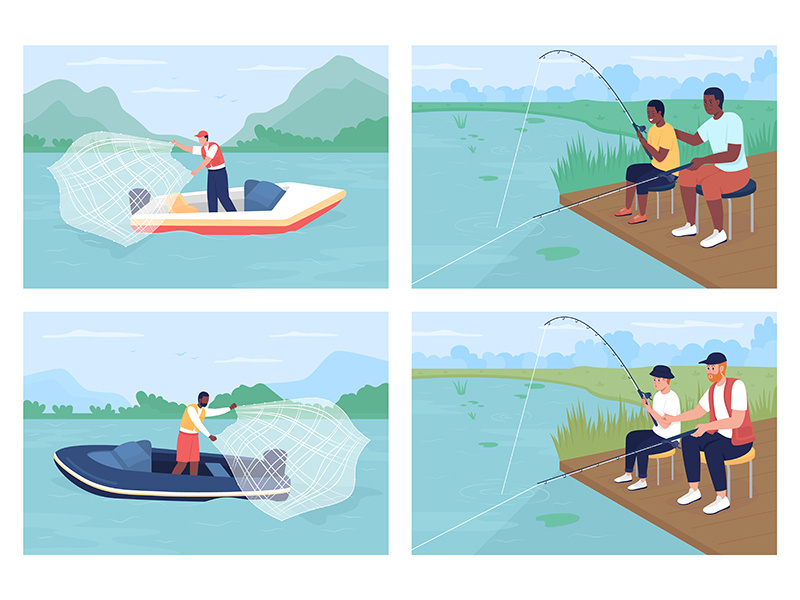 Recreational fishing flat color vector illustrations set