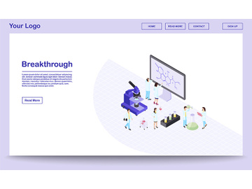 Scientific breakthrough isometric landing page template preview picture