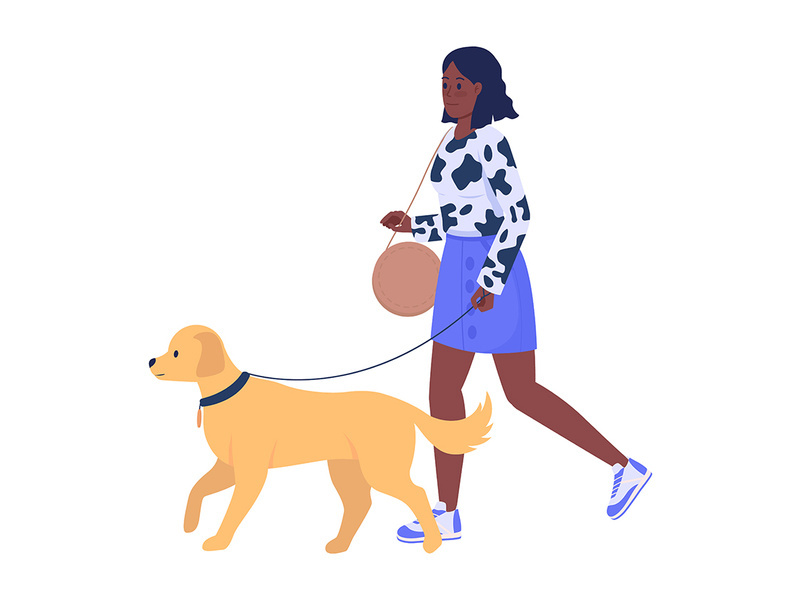 Stylish woman walking dog on street semi flat color vector characters