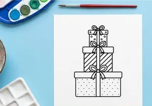 Stack of Christmas gift boxes with ribbons in a simple black and white line art style.