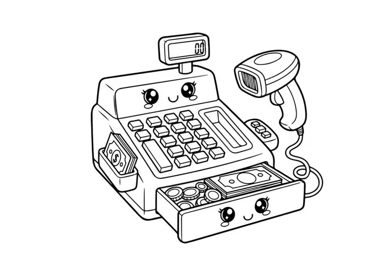 Cute cash register with scanner vector illustration