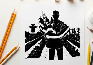 Silhouette of farmer holding basket of fresh produce in field