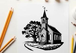 Silhouette of a small church with steeple and tree