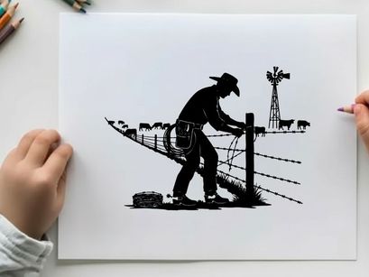 Cowboy fixing fence in silhouette at rural farm landscape