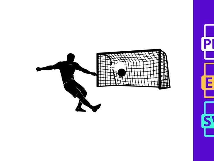 Soccer player kicking a ball into a goal