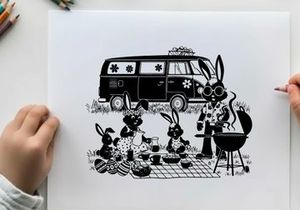 Bunnies on a camping trip with silhouette of a van and grill