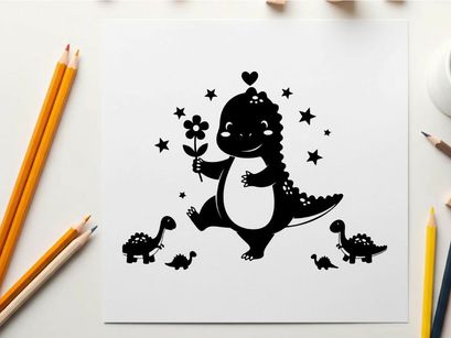 Silhouette of a smiling dinosaur holding a flower with babies
