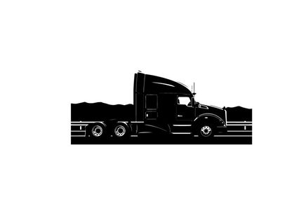 Silhouette of a large truck driving on the highway at sunset silhouette
