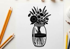 Silhouette of flowers in a mason jar vase silhouette
