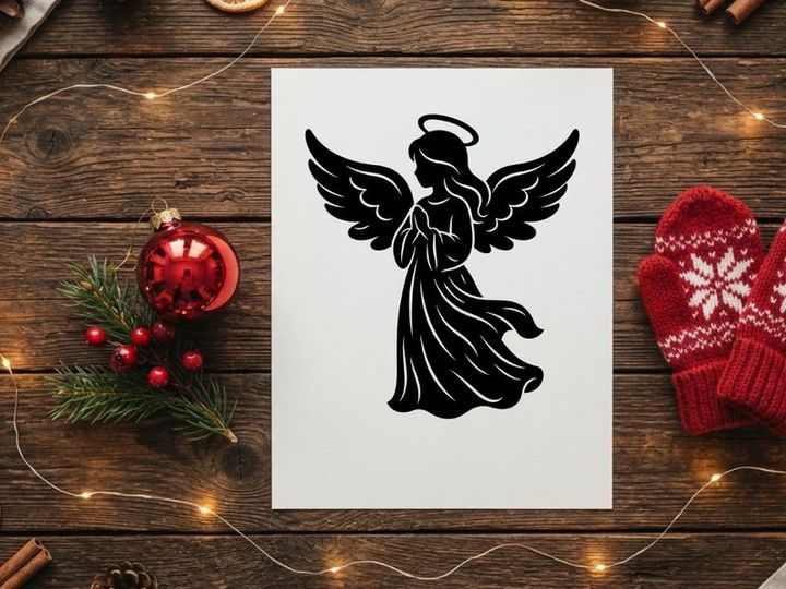 Black silhouette of a praying angel with wings and halo isolated on a white background