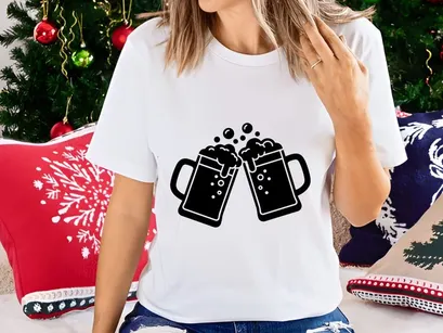 Two beer mugs clinking with frothy foam isolated black background