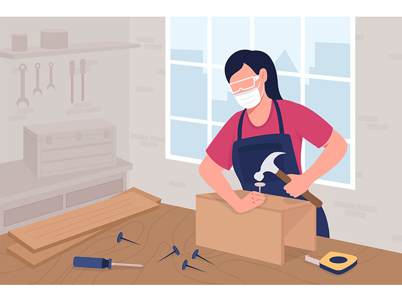 Female carpenter in mask and protective glasses at work flat color vector illustration