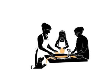 Silhouette of three people preparing food together in a kitchen setting preview picture