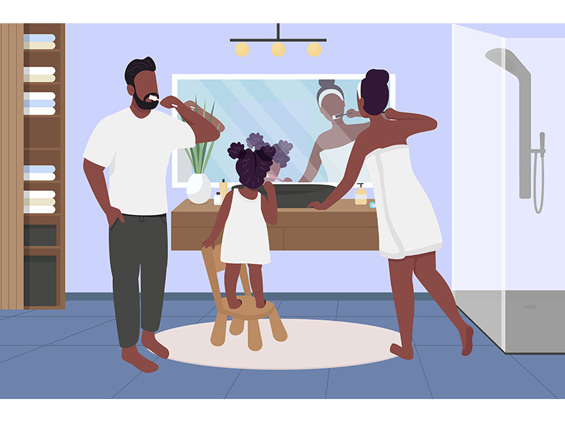 Family brushing teeth flat color vector illustration