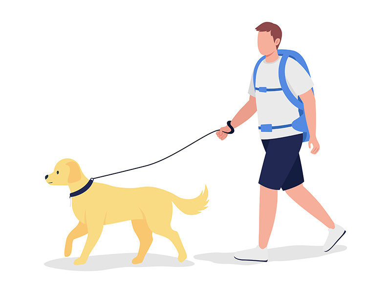 Man with backpack walk with dog semi flat color vector character
