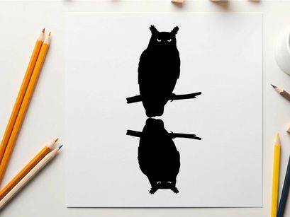 Silhouette of an owl perched on a branch with reflection