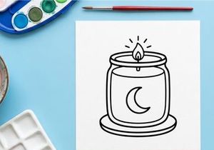 Hand-drawn Halloween candle jar with flickering flame. Spooky night light illustration for festive decorations and party themes.