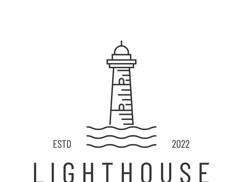 Sea lighthouse tower building creative logo with spotlights vintage vector template.