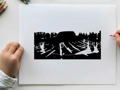 Silhouette of a car and crowd on a reflective surface