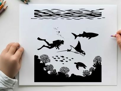 Underwater scene with scuba diver and marine life silhouette