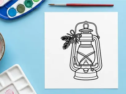 Christmas lantern line art illustration with pine branches and a festive bow