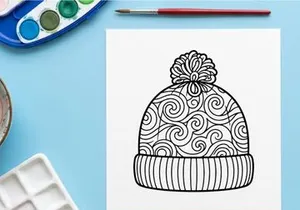 Winter beanie hat coloring page with swirl patterns and pompom for Christmas holiday craft