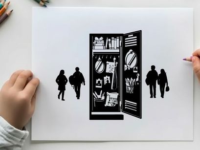 Silhouette of people walking past an open refrigerator silhouette