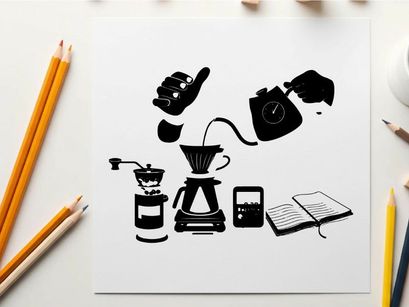 Silhouette of coffee brewing and writing in morning silhouette