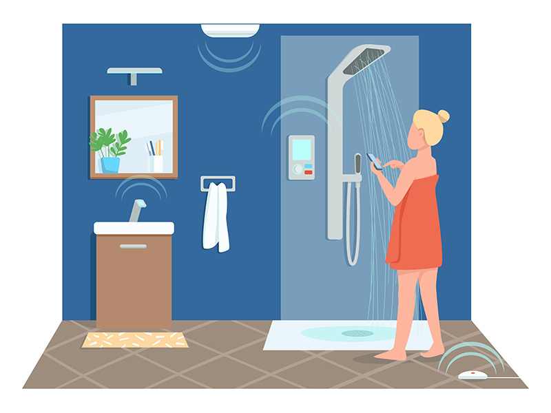 Girl in smart bathroom flat color vector faceless character