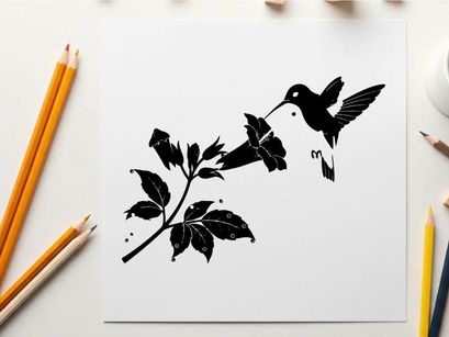 Silhouette of hummingbird feeding from flower branch