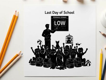 Silhouette of students and teacher on last day of school with low sign
