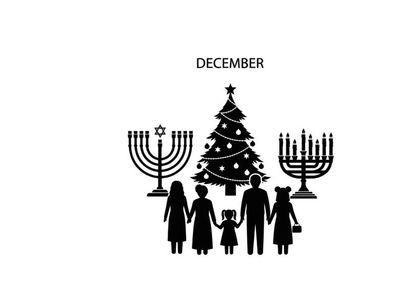 December holiday celebration silhouette of family by christmas tree and menorahs