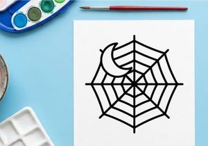 Telaraña de araña dibujada a mano con luna y patrón geométrico. Ilustración vintage de telaraña espeluznante para decoraciones estacionales y manualidades.