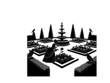 Silhouette of a woman in a garden with a fountain and trees silhouette
