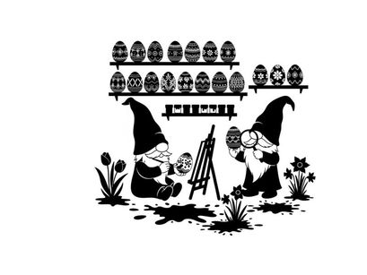Gnomes painting easter eggs in a garden silhouette scene