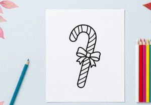 Christmas candy cane line art illustration with a decorative bow for holiday design