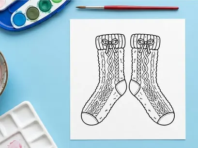 Pair of knitted Christmas socks with bows, hand drawn line art illustration.