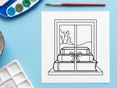Christmas books gift stack on window sill, winter holiday coloring page illustration.