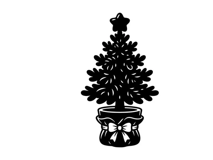 Black and white Christmas tree icon with a star topper and decorative bow in a pot