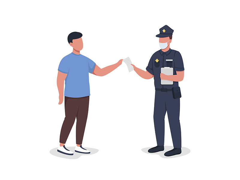Police officer hands over paper to witness semi flat color vector characters