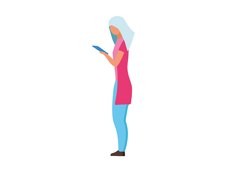 Woman looking at phone semi flat color vector character